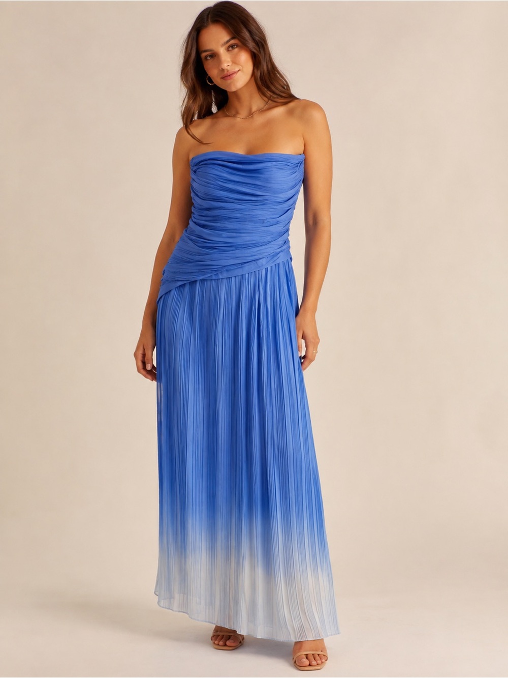 Periwinkle Blue Ombre Strapless Pleated Maxi Dress